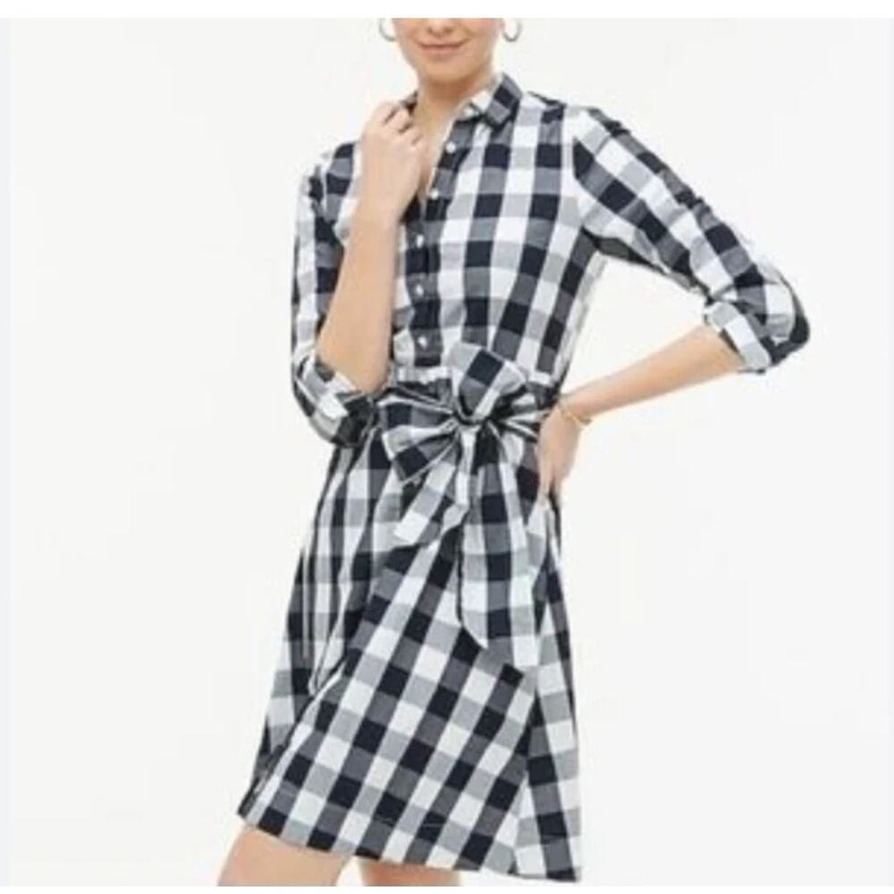 JCrew Womens Poplin Tie Waist Shirt Dress Navy Blue Gingham Preppy Spring Sz 12 - Picture 2 of 13